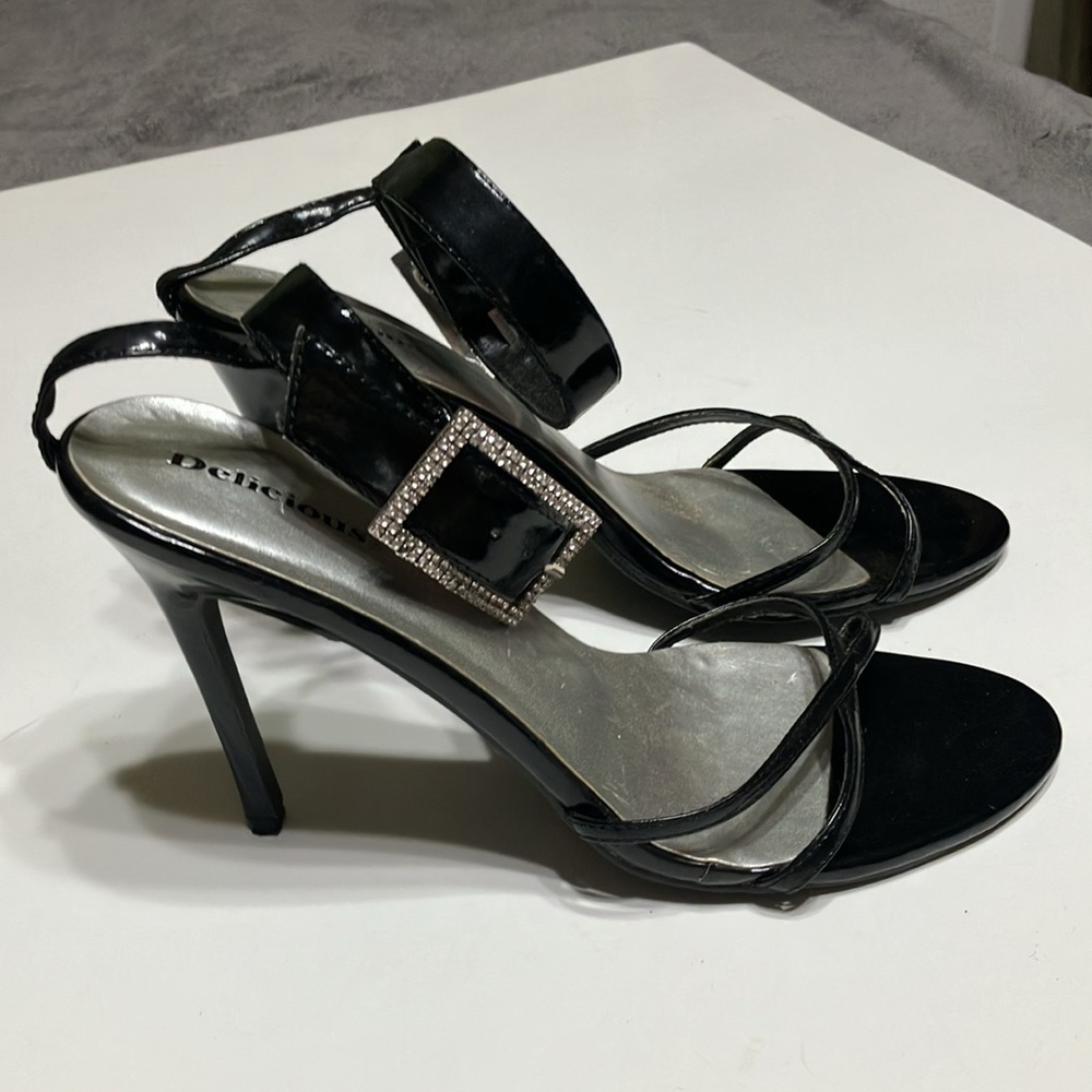Black Strappy Women's Sandals with rhinestone buckle